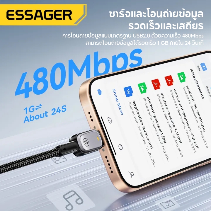 Essager PureZhen สายชาร์จ USB-C to USB-C 100W/5A สายไนลอนถัก ไฟแสดงสถานะ ชาร์จเร็ว สําหรับ โทรศัพท์มือถือ แท็บเล็ต - รูปที่ 5
