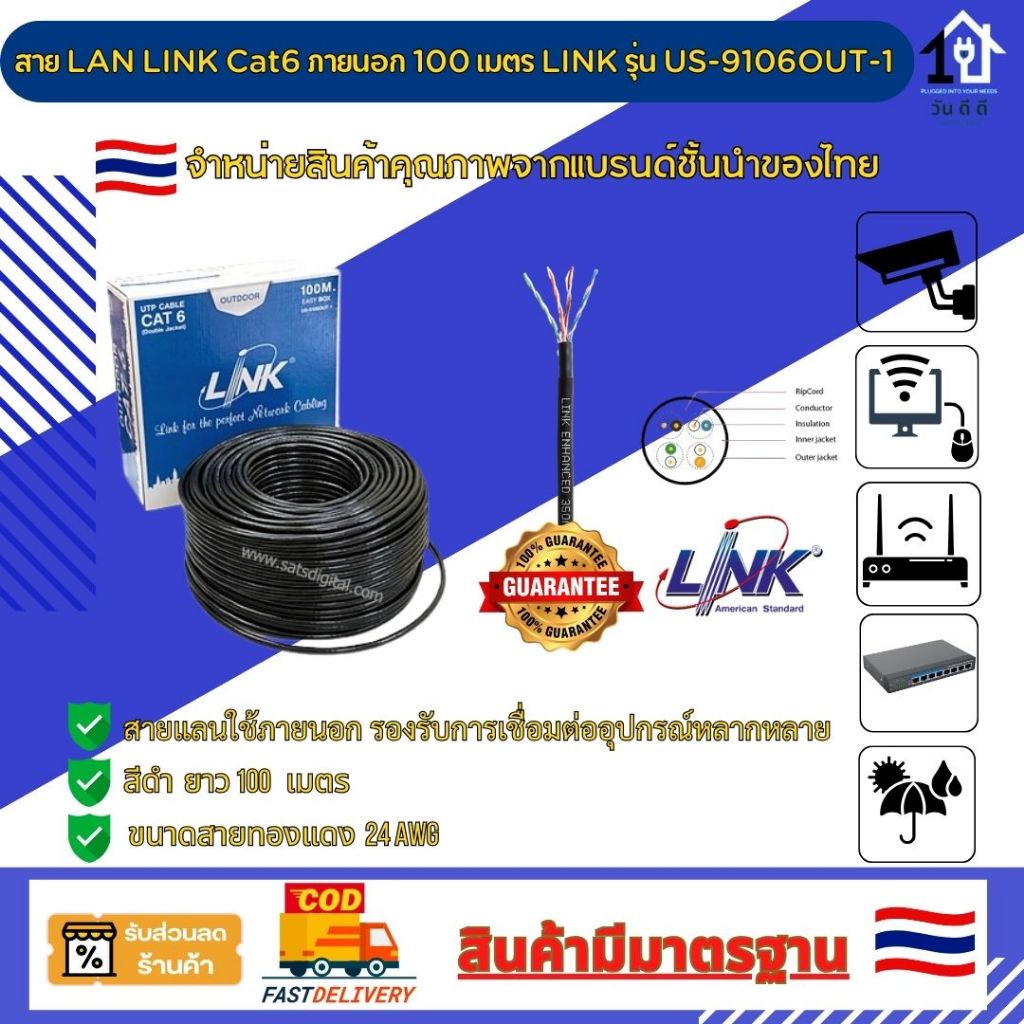 สายแลนภายนอก Cat6 ยี่ห้อ LINK รุ่น US-9106OUT-1 ความยาว 100 เมตร