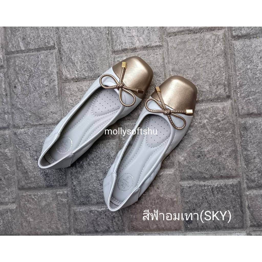 รองเท้าคัทชูสไตล์บัลเล่ต์ de shoes หัวตัดสองสี (two tone) แต่งโบว์สุดคิ้วท์ พื้นด้านในนุ่มใส่สบาย เท้าอวบ+1ไซด์(์ฺNB725)