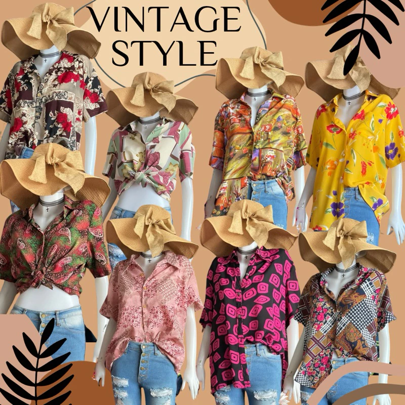 เสื้อเชิ้ตวินเทจแขนสั้น ลายดอก