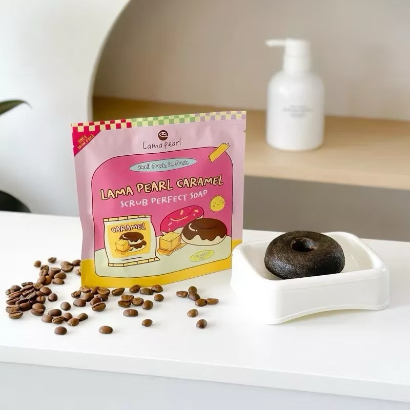 Lama Pearl Caramel สบู่สครับผิว Scrub Perfect Soap สบู่สครับโดนัท
