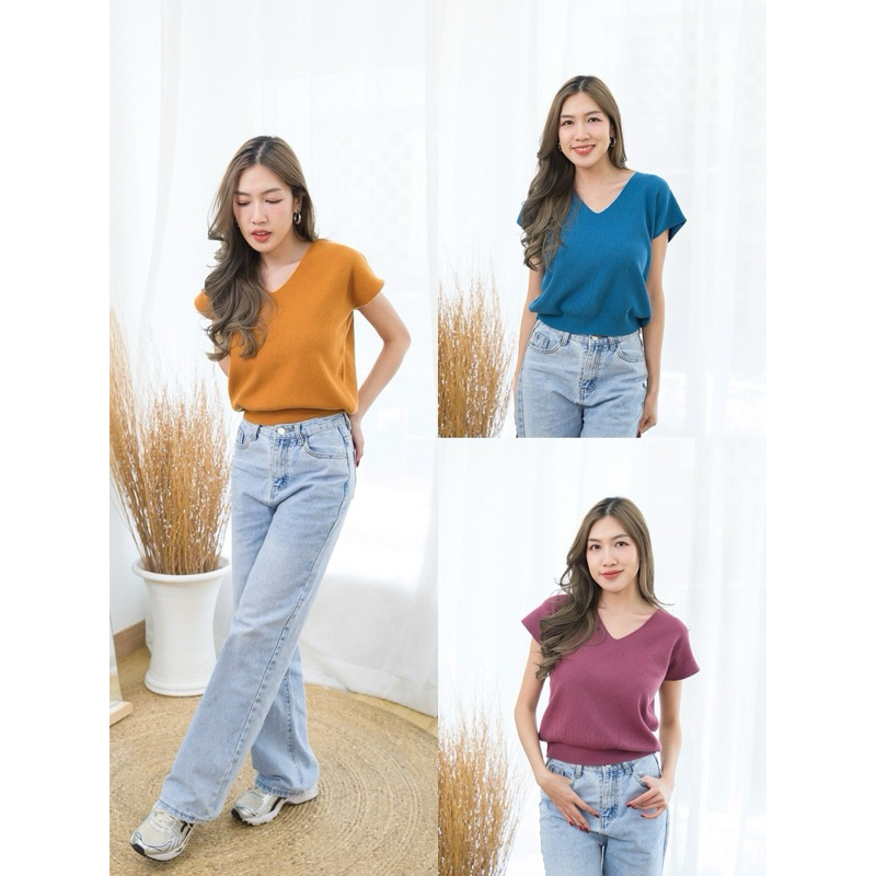 Arita 🌈 M473  Knitting v neck เลื้อยืดไหมพรมคอวี เอวจั๊ม ผ้านิ่ม
