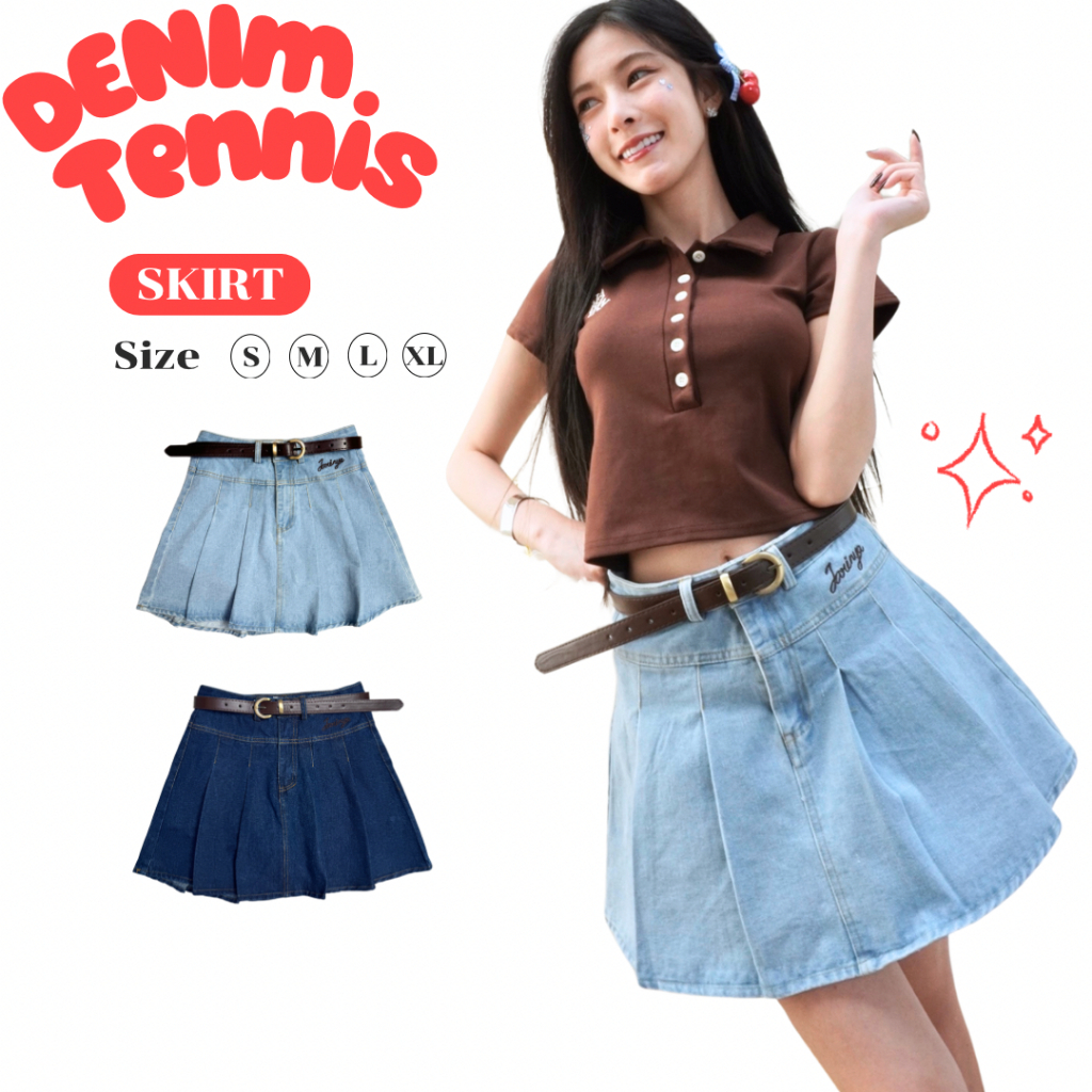 JARINYA (S-XL) กระโปรงยีนส์จีบรอบ+เข็มขัดปัก Jarinya (K93)