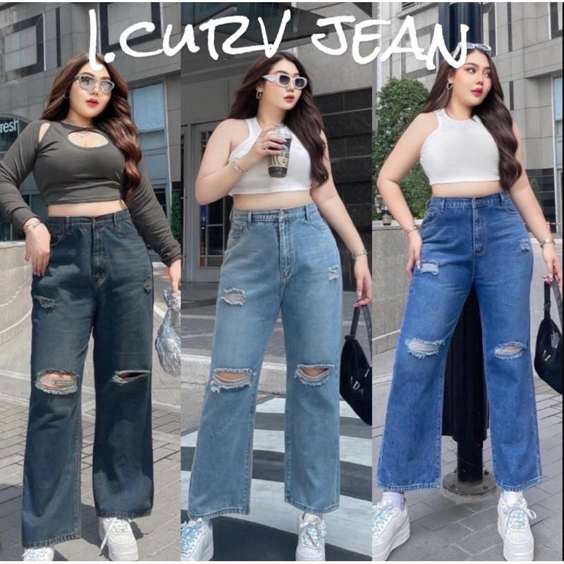 i.curv jeans กางเกงยีนส์ขาดขากระบอก กางเกงยีนส์สาวอวบแบรนด์ไอเคิร์ฟ เนื้อยีนส์ฟอก กางเกงยีนส์ไซส์ใหญ่ fashionplussize
