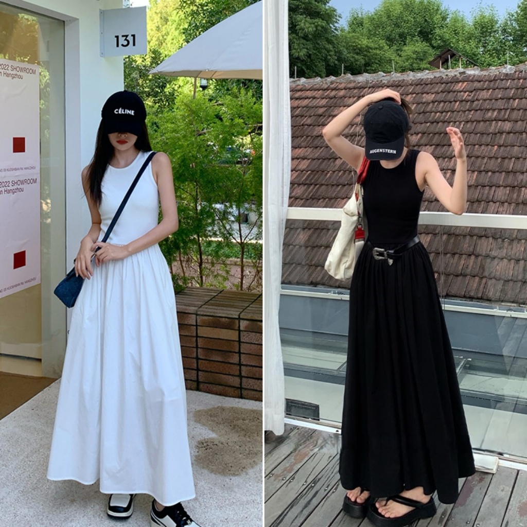 Beryl 🌻ชุชุดเดรสผู้หญิงทรงเข้ารูปแขนกุดสีพื้นสไตล์ฝรั่งเศส ชุดเดรสสบายๆ สไตล์เรียบง่าย