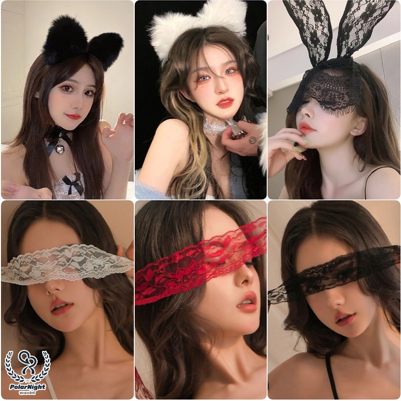 Polar_night💕💕ที่คาดผมหูแมว หน้ากากปาร์ตี้ ปลอกคอพร้อมกระดิ่ง cosplay หน้ากากตาลูกไม้ เครื่องประดับผมที่ทันสมัย