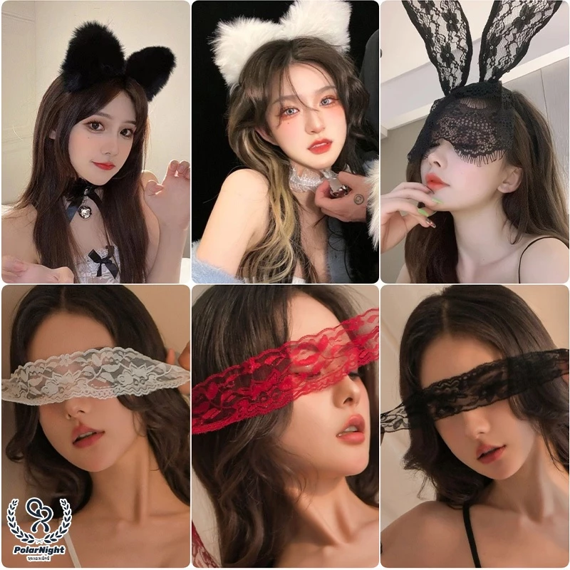 Polar_night💕💕ที่คาดผมหูแมว หน้ากากปาร์ตี้ ปลอกคอพร้อมกระดิ่ง cosplay หน้ากากตาลูกไม้ เครื่องประดับผมที่ทันสมัย