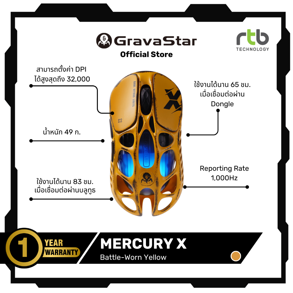 GravaStar Mercury X เมาส์เกมมิ่งไร้สาย Wireless Gaming Mouse