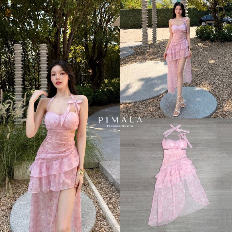 Pimala Dress pink sweet ลายผ้าน่ารักมากสายไหล่เป็นโบว์ซีทรูชั้นนอกที่หน้าอก กระโปรงออกแบบซับซ้อนตามสไตล์แฟชั่นนิสต้า