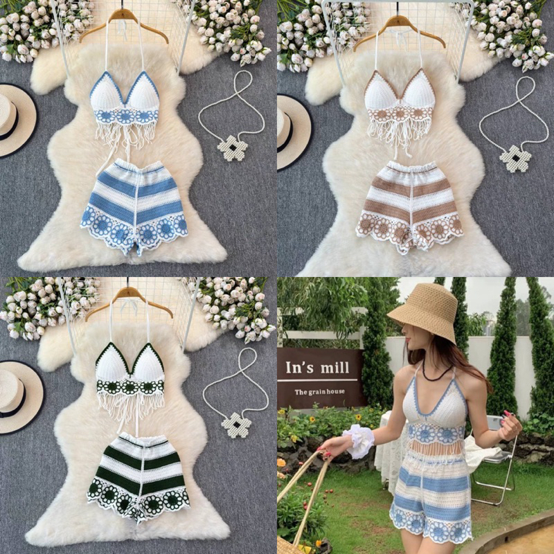 LILY เซ็ต 2 ชิ้น[เสื้อ+กางเกง] เซ็ตบิกินี่ เซ็ตบรา ผ้าไหมพรมถักลายดอกไม้ ชุดเซ็ต ชุดใส่เที่ยว ชุดเที่ยวทะเล ชุดสวยๆ