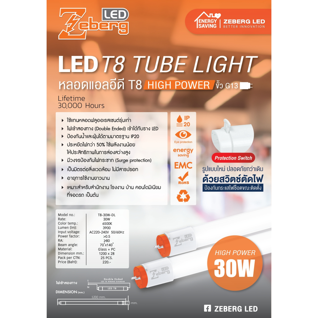 Zeberg หลอดเเอลอีดี T8 HIGH POWER ขั้ว G13 LED TUBE LIGHT