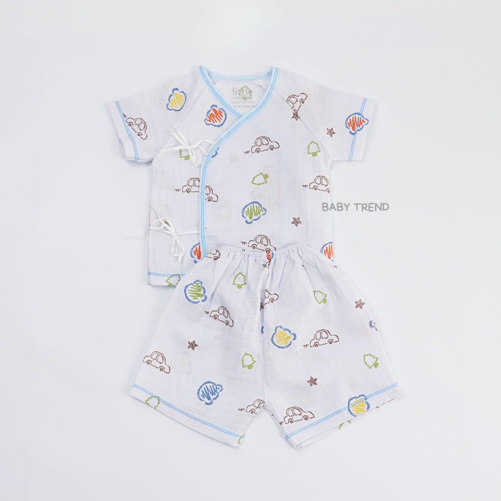 Little Home Baby ชุดเซ็ทเสื้อผูกหน้าและดุมหน้าพร้อมกางเกงทารก 0-3 เดือน ผ้ามัสลิตคอตตอนทอตาราง นุ่มๆ