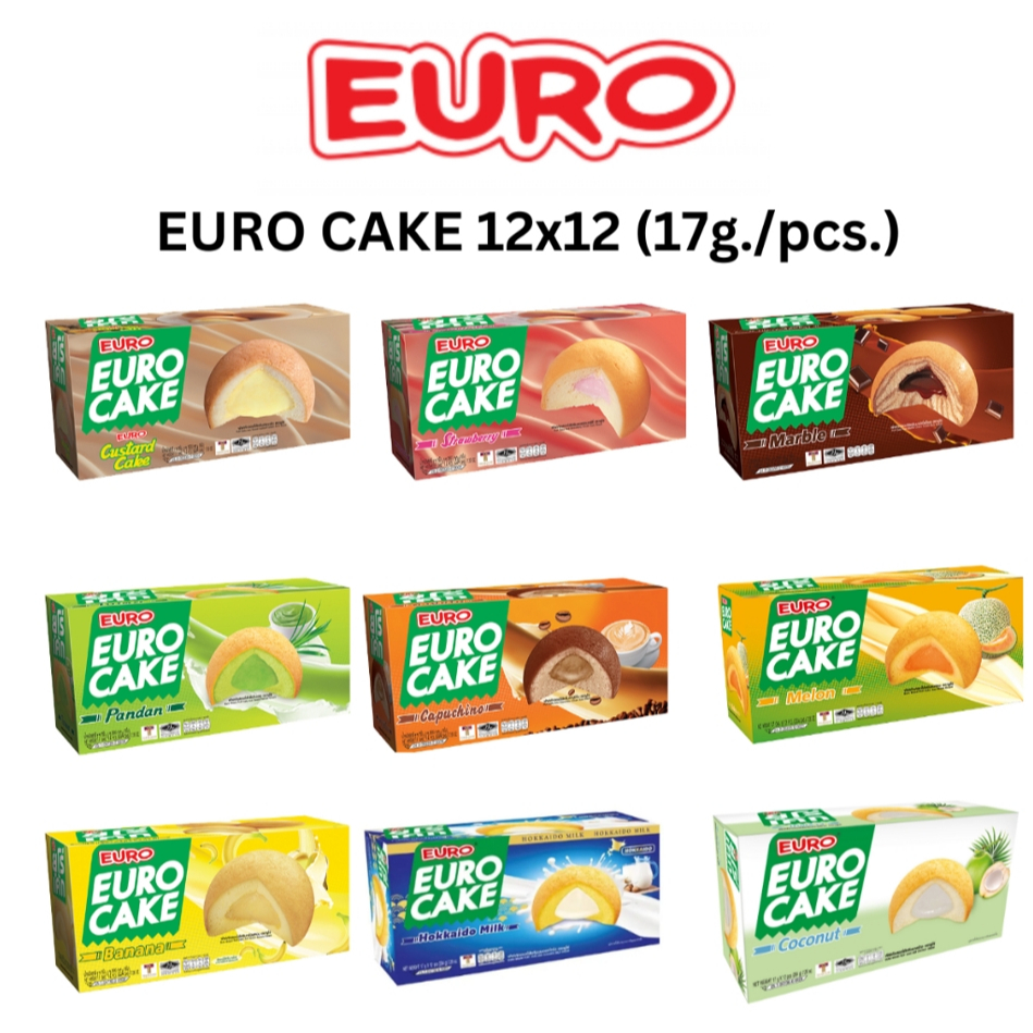 (ยกกล่อง 12 ห่อ) Euro ยูโร่เค้ก พัฟเค้ก คัสตาร์ด ใบเตย นม ช็อคโกแลต อาหารว่าง รองท้องเวลาหิว อร่อย อิ่ม มีประโยชน์