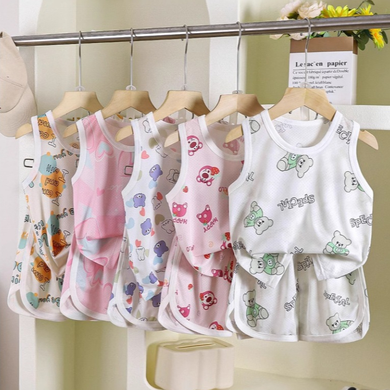Babyonline(Y470)2H2-3 (ส่งด่วน1วัน)ชุดเซ็ตเสื้อกล้ามกางเกงขาสั้นสำหรับเด็กผู้ชายและผู้หญิงผ้าตาข่าย ระบายอากาศได้