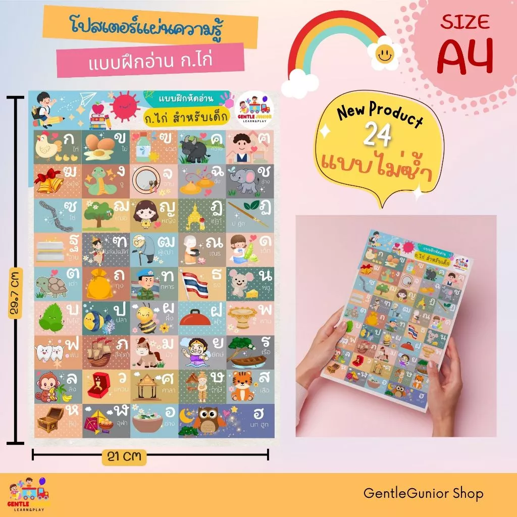 NEW!! แผ่นความรู้ หมวด ก.ไก่ และอีก 24 แบบ!! สำหรับเด็กๆ ขนาด A4 สื่อการสอนหัดอ่านเสริมพัฒนาการ