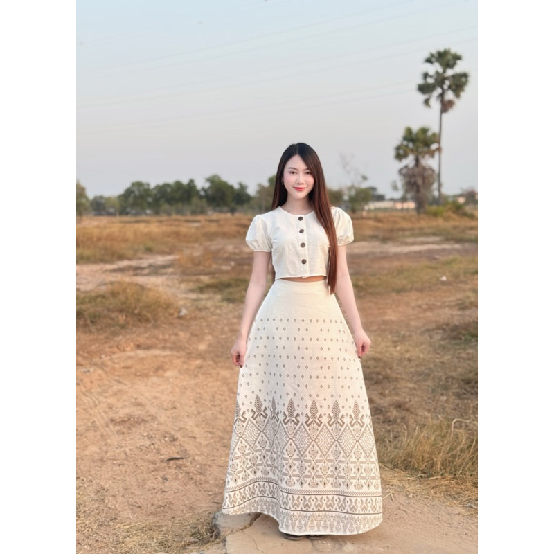 TANTANOD -รหัสTL25 ชุดเซต เสื้อแขนตุ๊กตากระดุมกะลา กระโปรงยาวทรงบาน(ผ้าฝ้ายพิมพ์ลาย) รุ่นNapha - รูปที่ 2