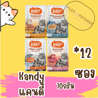 Kandy อาหารเปียกแมว แคนดี้ ผลิตจากปลาเนื้อขาว ไม่เติมเกลือ ขนาด 70 g. x12 ซอง ยกโหล
