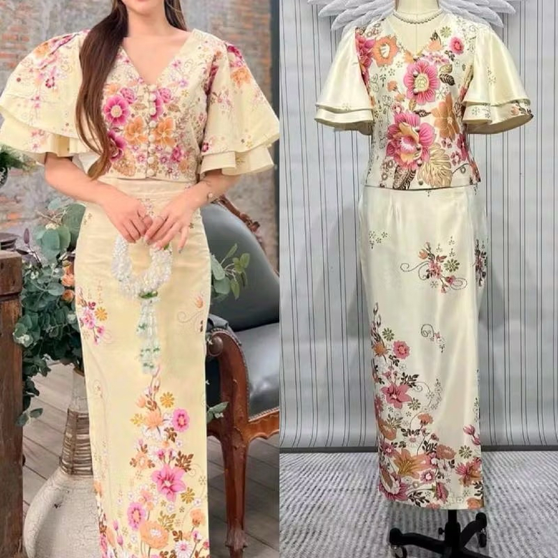 ว่าง M สีครีมละมุน S-4XL ชุดผ้าปาเต๊ะ ชุดเซ็ท ชุดออกงาน -  ลายดอกไม้ ฟ้างามสง่า