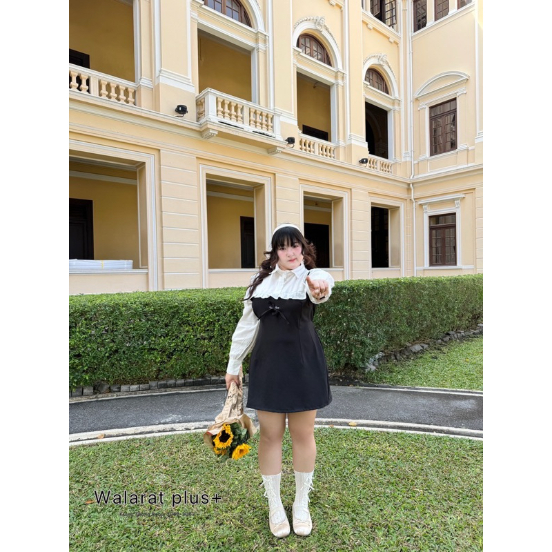 /WP/ มินิเดรสสาวอวบ ตัดแต่งคอเชิ้ต และแขน ระบายช่วงบน เข้ารูป สายเรียบหรู คุณหนู ห้ามพลาด #เสื้อผ้าไซส์ใหญ่ พลัสไซส์ - รูปที่ 4