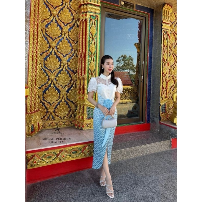 ชุดเซ็ตผ้าไทยสีฟ้ารับงานบุญ S-L Thai Print Set3 รูปที่ 3