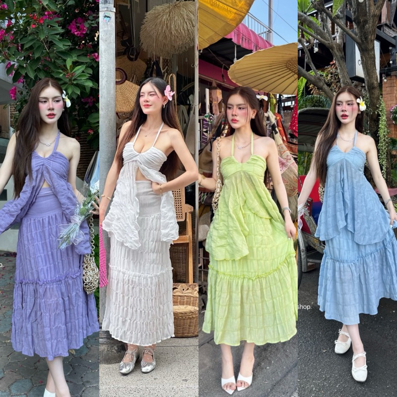 เซตที่ใส่แล้วได้ลุค พ.ส จีนท่านนึง เสื้อผูกคอ~กระโปรงระบายยาว ผ้าย่นอัดยับ’ มีความพริ้วใส่สบาย