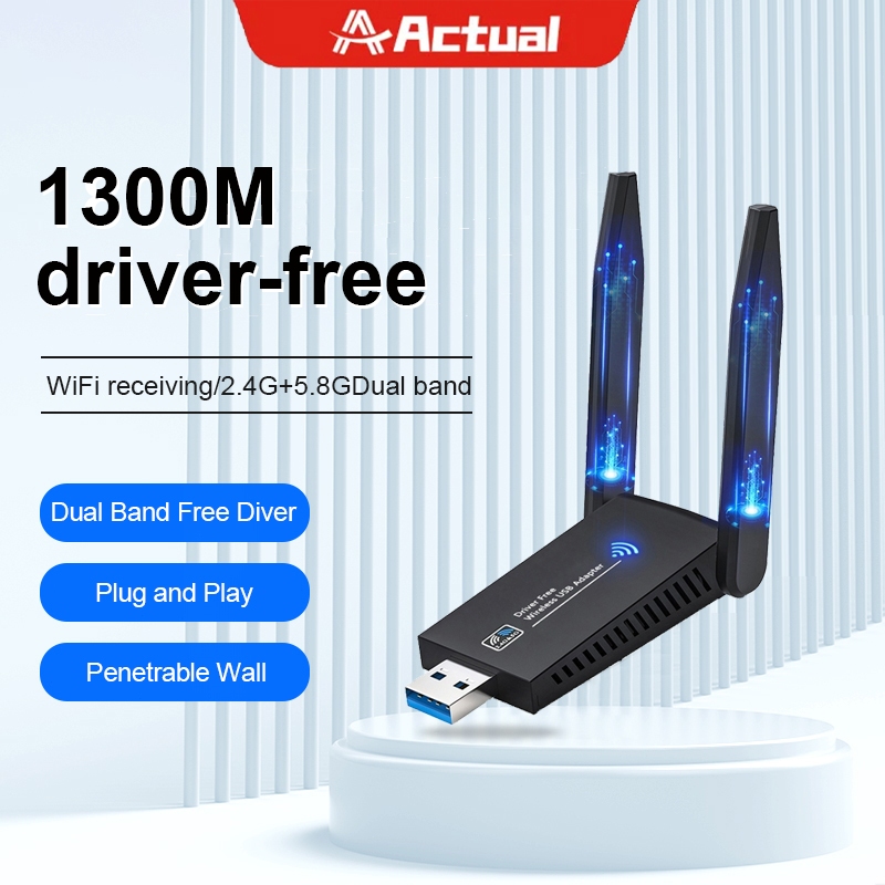 Actual ไดรเวอร์ฟรี 1300Mbps USB Wifi อะแดปเตอร์ 4 เสาอากาศ USB การ์ดเครือข่ายไร้สายระยะไกล Dual Band 5GHz USB 3.0