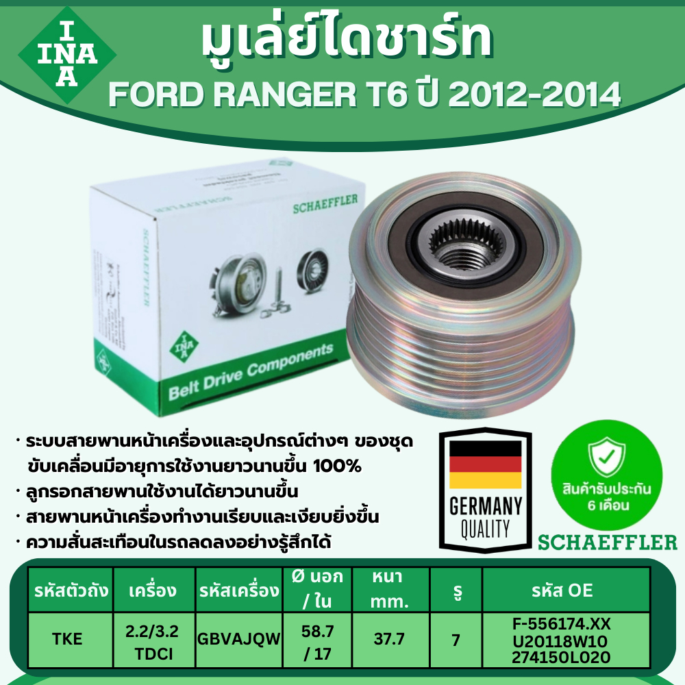 INA มูเล่ย์ไดชาร์ท FORD RANGER T6 2.2/3.2 TDCI ปี 2012-2014 (1ชิ้น) ประกัน 6 เดือน