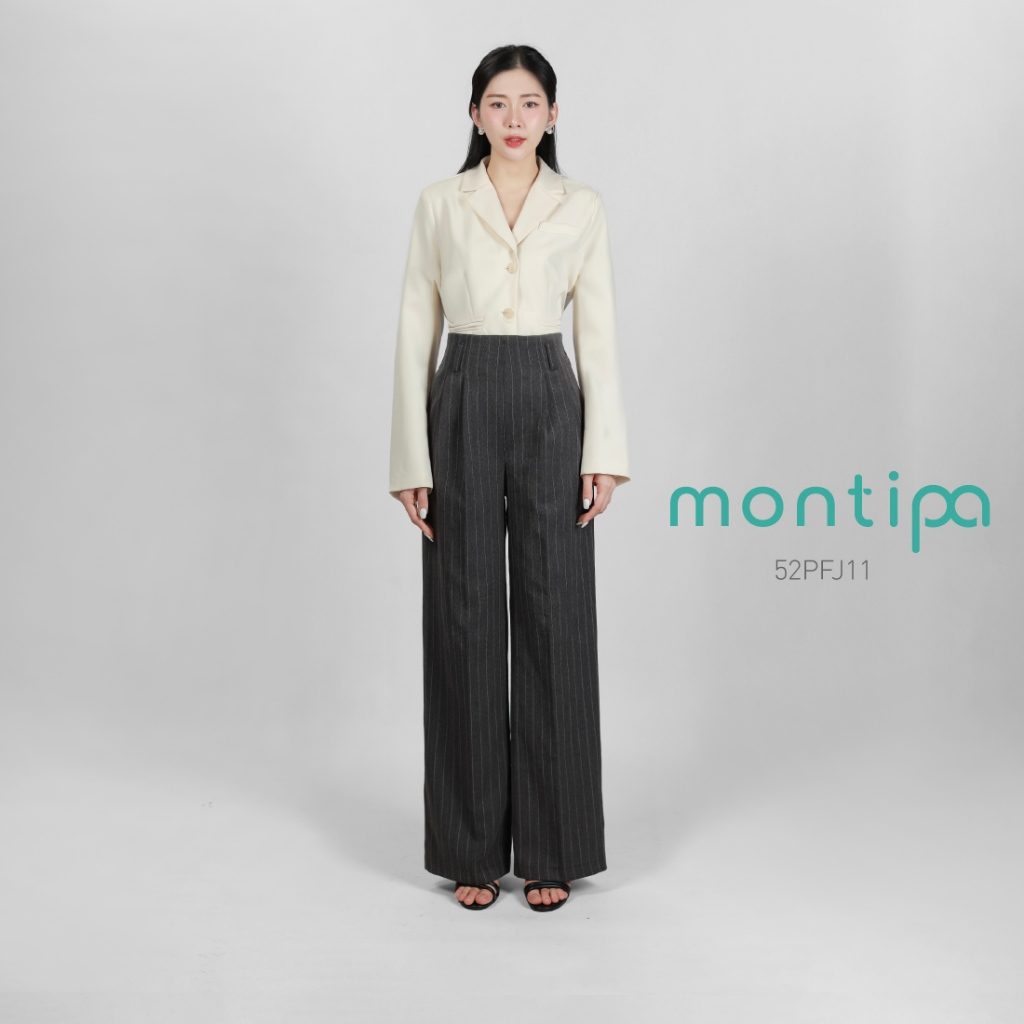 Montipa กางเกงขากระบอกลายทางขอบเอวในตัว ซิปหลัง ผ้า comfort ใส่สบายตลอดวัน 52PFJ11