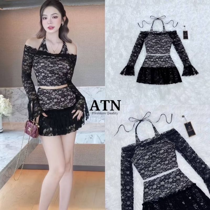 S M มือ1 ATN ชุดเซ็ตเสื้อแขนยาวผ้าลูกไม้ทรงปาดไหล่ แต่งสายผูกคล้องคอ มาพร้อมกระโปรงสั้นซับในกางเกง ใ