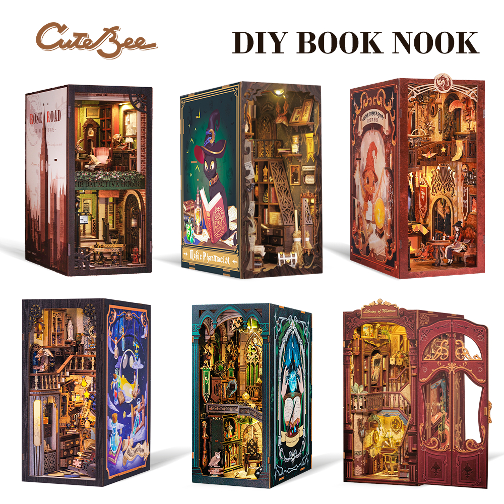 CUTEBEE DIY Book Nook บ้านตุ๊กตาไม้ ที่กั้นหนังสือ ของขวัญ การตกแต่ง แบบจำลองทำมือ พร้อมครอบกันฝุ่น