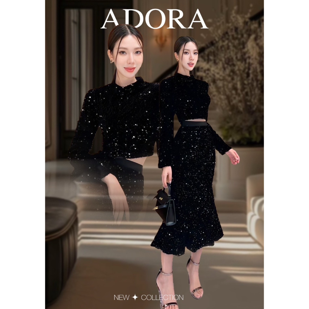 ADR004 ADORA BRAND Set เสื้อครอปแขนยาวดีไซน์คอปีน + กระโปรงทรงหางปลา [2PM]