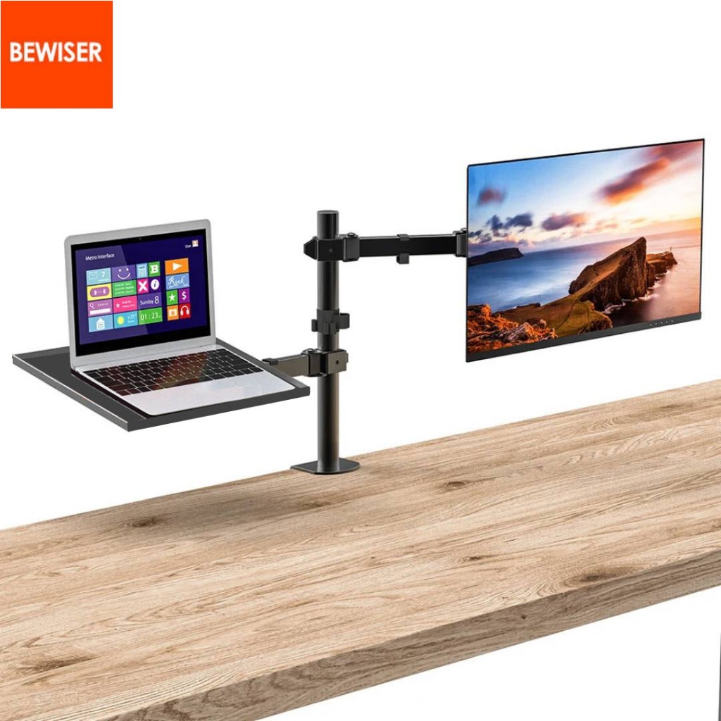 NEW รวมขาตั้งคอม2จอมอนิเตอร์ VESA14"-27" ตั้งโต๊ะ/ยึดขอบโต๊ะ+ถาดวางLAPTOP 17" เสาสูง40/80ซม.ปรับได้ Monitor Mount Stand