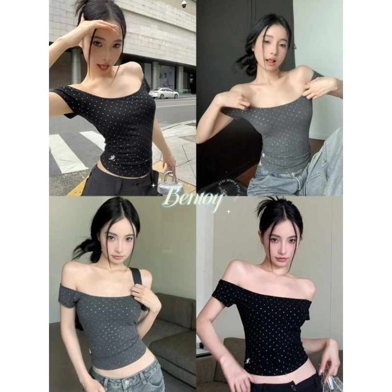 Bentoy(310)เสื้อยืด ปาด​ไหล่ แขนสั้น รัดรูป ติดเพชรสะท้านแสงทั้งตัว แต่งตัวง่าย ชิลชิล ดีไซน์เรียบง่าย