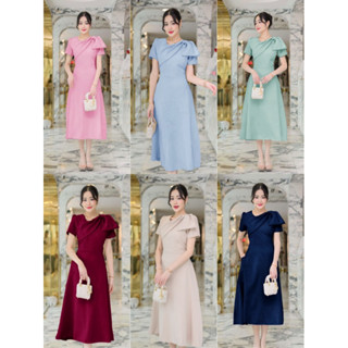 เดรสราตรี ออกงาน M/L ทรงอกป้ายจับจีบไหล่โบว์ ทรงสวยเก๋ ผ้าอย…