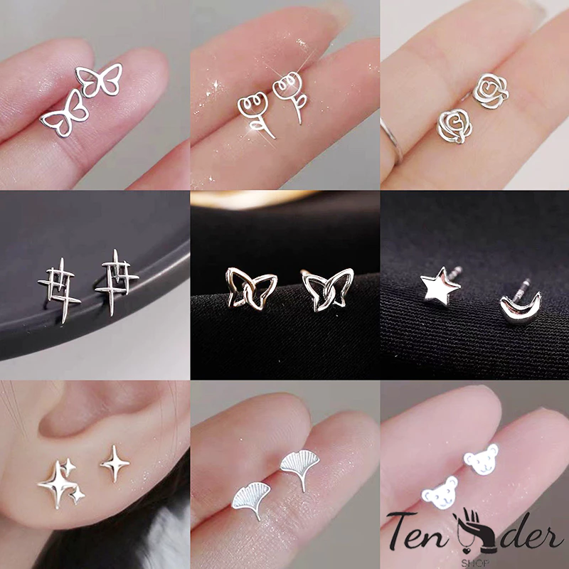 COD-ส่งเร็วจากไทย🎀1บาทต่างหูสตั๊ดS925 รูปดาวรูปผีเสื้อขนนกเรขาคณิต สไตล์เกาหลีเรียบง่ายนักเรียนสำหรับผู้หญิงไม่ทําให้แพ้