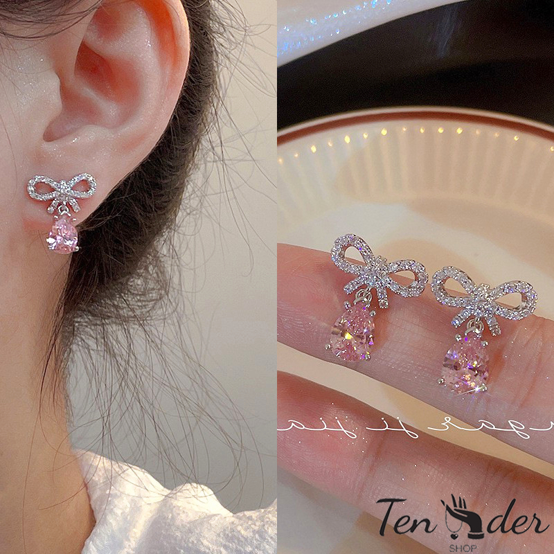 COD-ส่งเร็วจากไทย ต่างหูสตั๊ด จี้Bowเพทาย สีชมพู ความรู้สึกระดับไฮเอนด์ สไตล์หรูหราแสง สำหรับผู้หญิง เครื่องประดับแฟชั่น