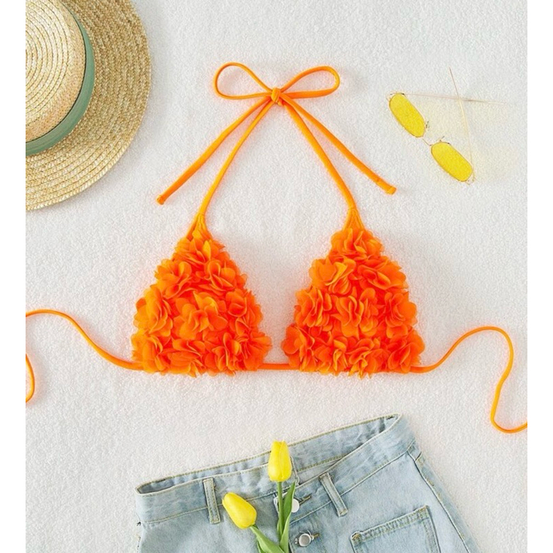 ชุดบิกินี่ด้านบน แบบผูกหน้า ลาย 3 มิติ 🌷 สำหรับสตรี เสื้อชุดว่ายน้ำฤดูร้อน สีสันสดใส เหมาะกับหน้าร้อน - รูปที่ 4
