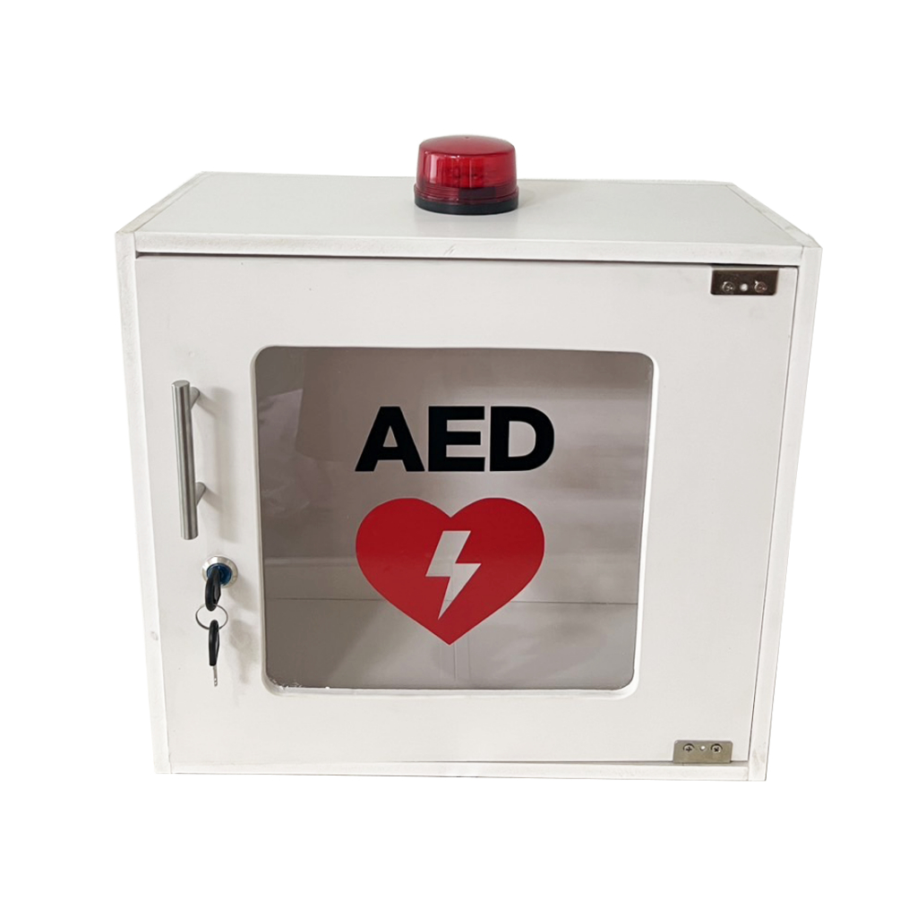 ตู้เก็บ เครื่อง AED (ทำจากพลาสวูด)  แบบแขวน มีสัญญาณไฟและเสียง ใส่ได้ทุกยี่ห้อ – โปรปัง