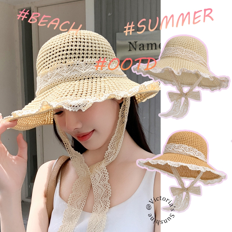 Victoria's หมวกฟางลูกไม้ หมวกบักเก็ตสำหรับผู้หญิง ขนาดใหญ่ ระบายอากาศได้ summer