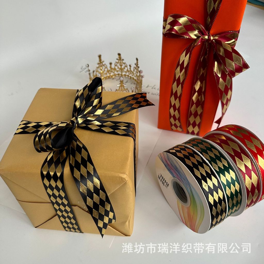 ริบบิ้น ลายข้าวหลามตัด ลายเพชร แฮนด์เมด ขนาด 2.5 ซม. 25 หลา ตกแต่งกล่องของขวัญ งานแต่งงาน  ตกแต่งดอกไม้
