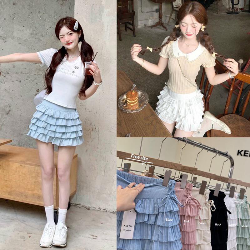 Lady_jeans#200(K)กระโปรงผ้าอัดจีบ แต่งระบาย 5 ชั้นสไตล์เกาหลี