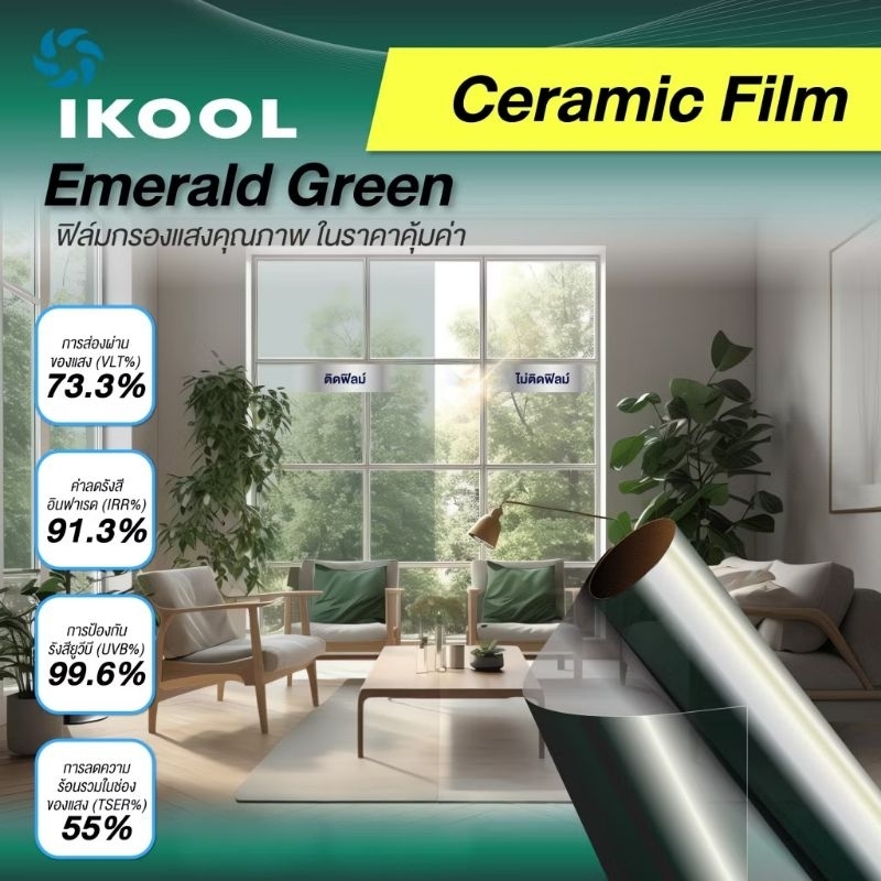 ฟิล์มใสกันร้อน iKOOL รุ่น  Emeral Green ฟิล์มใสกัน UV 99.99%  ฟิล์มติดอาคาร ฟิล์มใสกันความร้อน พร้อมส่ง