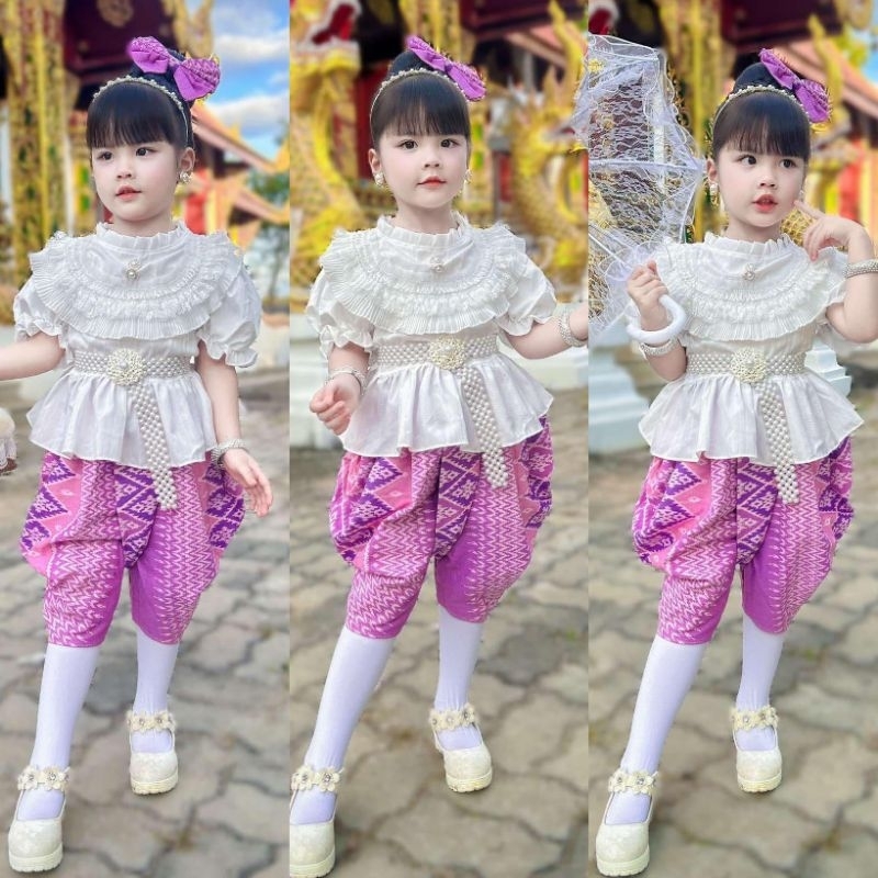 ชุดไทยเด็กสวยๆใส่ทำบุญ ออกงาน ไปโรงเรียน ได้หมดงาน 3 ชิ้นเสื้อ + โจงกระเบน + กิ๊บติดผม