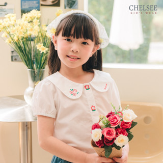 Chelsee เสื้อเชิ้ต ปกบัว ปักลายดอกไม้ แขนตุ๊กตา ผ้า 100%Cott…