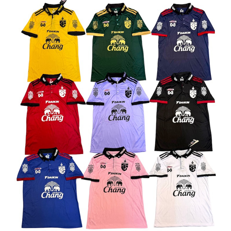 เสื้อกีฬาผู้ใหญ่เสื้อบอลคอปกโปโลคนโตงานปักโลโก้ทีมชาติไทยแต่ง3แถบที่ไล่