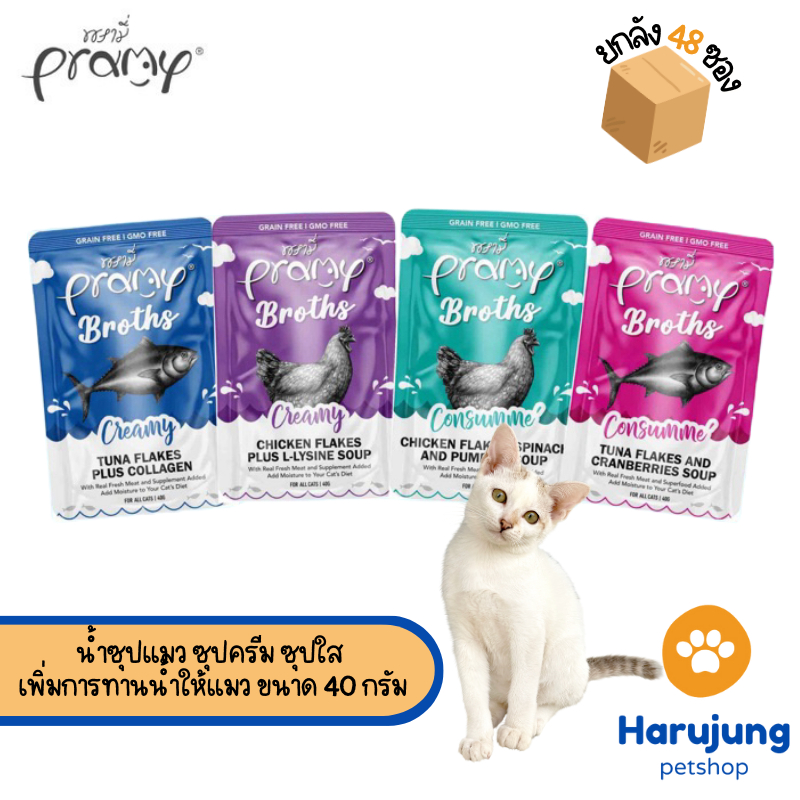 [48 ซอง] Pramy Broths พรามี่ น้ำซุปแมว ซุปครีม ซุปใส เพิ่มการทานน้ำให้แมว ขนาด 40 กรัม