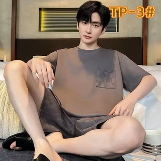 ใหม่/#TP-พร้อมส่ง ชุดนอนผู้ชาย ผ้ายืด ผ้านิ่ม เเขนสั้น+ขาสั้น พิมลาย
