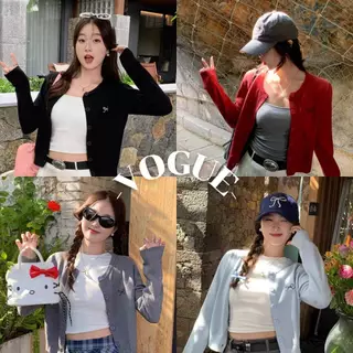 Vogue🌟พร้อมส่ง🌟 เสื้อคาดิแกรนไหมพรม แขนยาว คอกลม ปักฌบว์ที่หน้าอก (Z-YX12)
