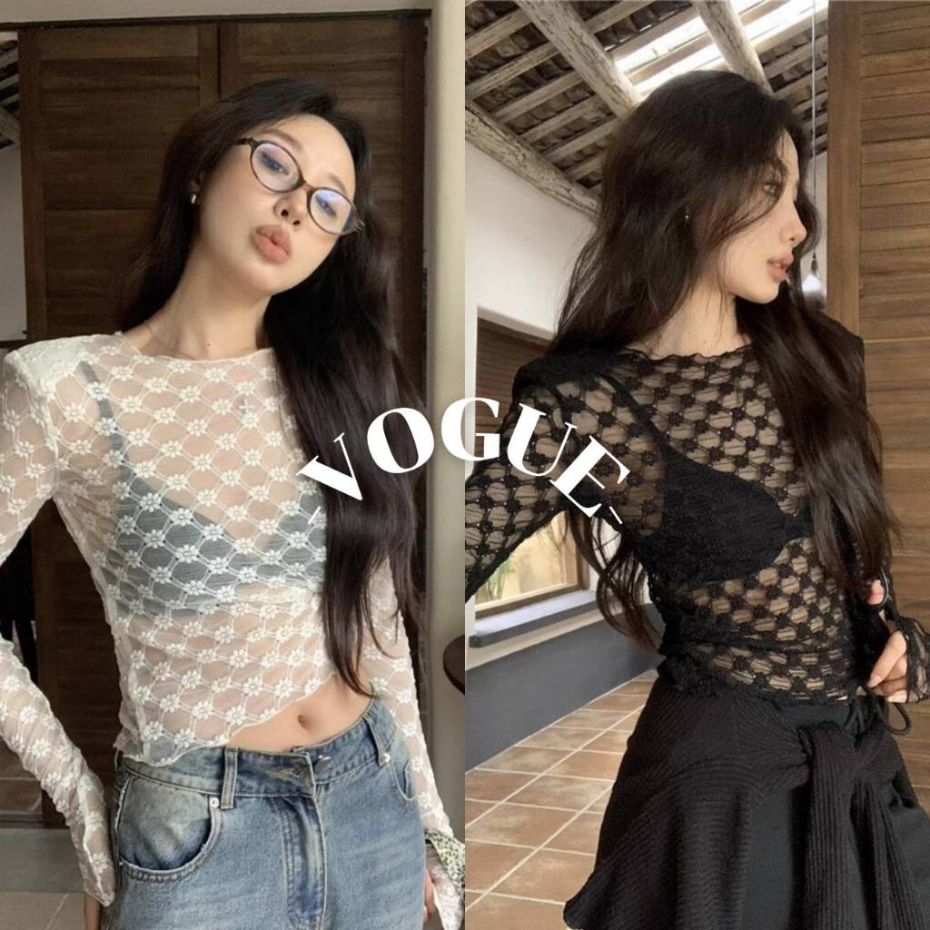 Vogue🌟พร้อมส่ง🌟 เสื้อถักไหมพรมแขนยาว คอกลม ดีเทลลูกไม้ซีทรู (U092)