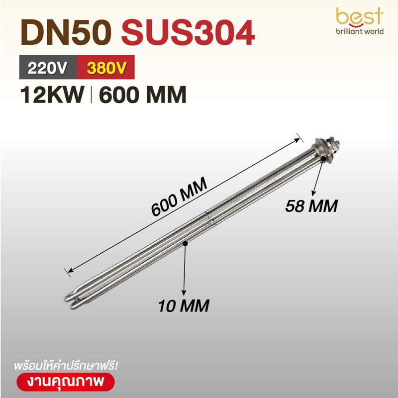 ฮีตเตอร์ต้มน้ำ/ฮีตเตอร์จุ่ม (Immersion Heater) SUS304 12KW 220/380V DN50 (ยาว 600mm)